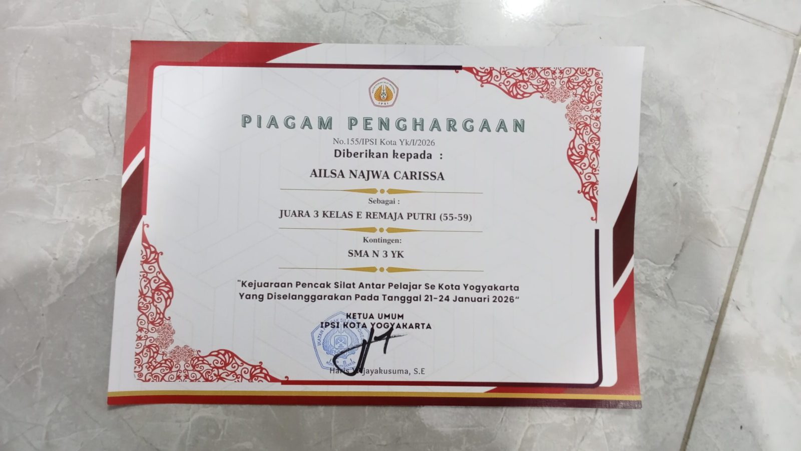 Medali Perunggu Kelas E Putri Kejuaraan Pencak Silat Antar Pelajar se Kota Yogyakarta
